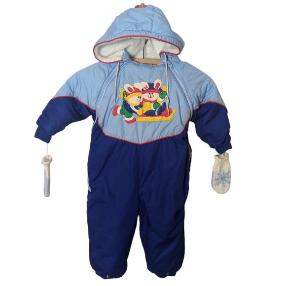 Vintage Mothercare Snow Suit One Piece Mittens Ski Bunnies Hood Insulated 24 Mo - Picture 1 of 8